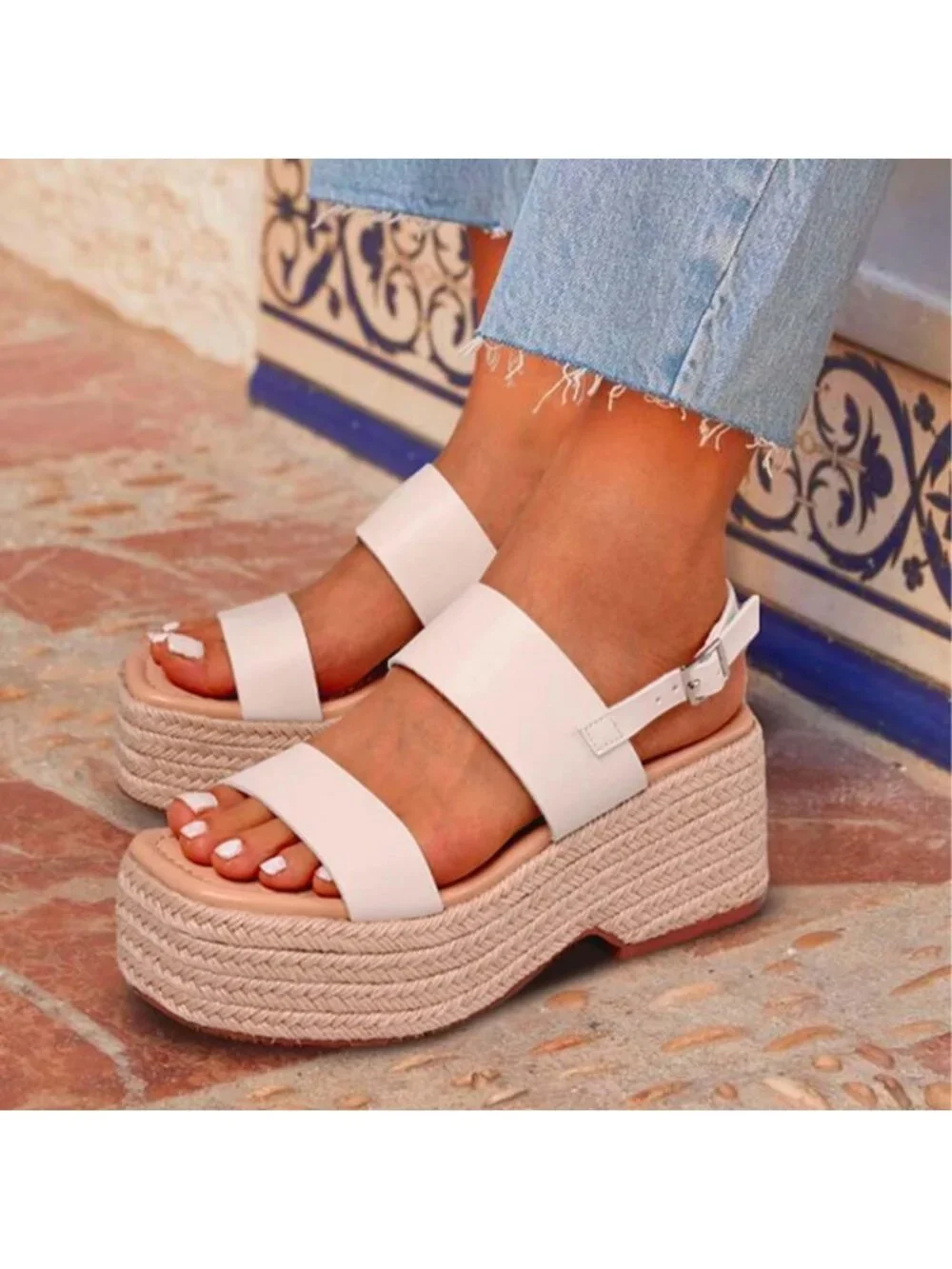 Cute Open Toe Platform Sandals for Women - Wedge Espadrille Ankle Strap Beach